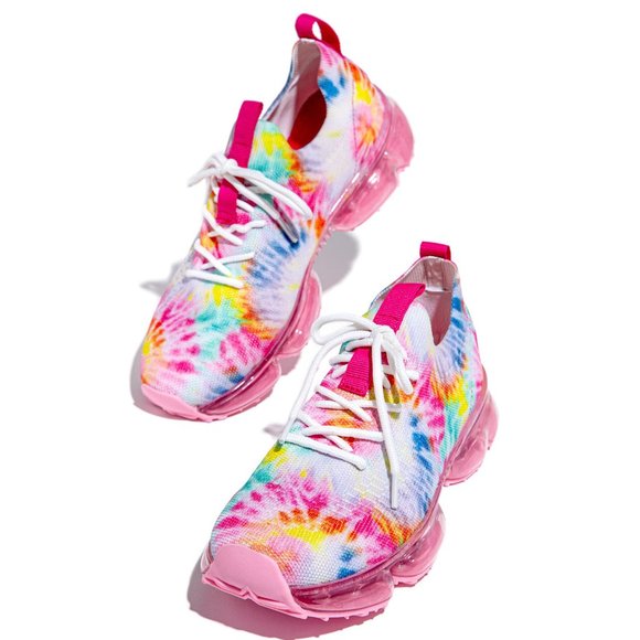 NEW🔥 Pink Multi Tie Dye Lace-Up Stretchy Bubble Air Cushioned Sneaker Slip-On - Picture 7 of 10